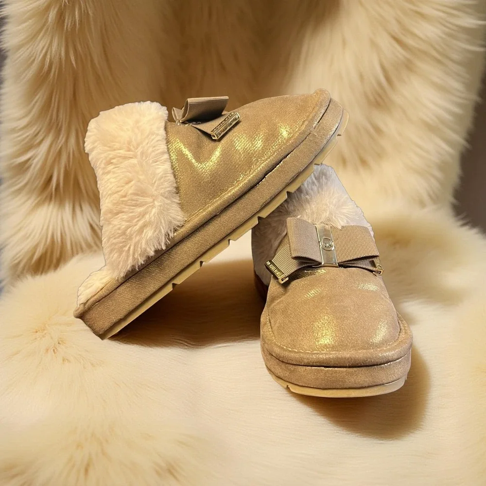 GUC Michael Kors Grace Bow Faux Fur Lined Mule Slippers Girls Size 1